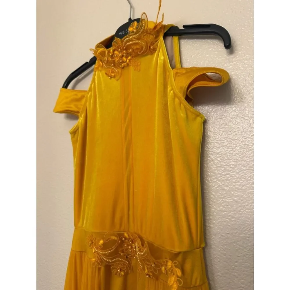 WEISSMAN Dance Costume yellow velvet maxi appliqué dress WASTE OF TIME 10984 SA